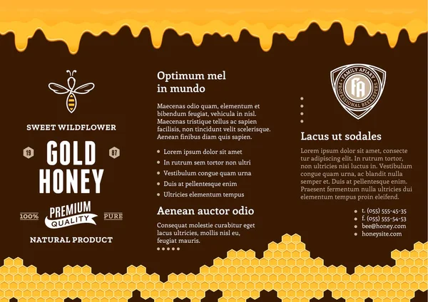 Miód projekt reklamy z plasiami miodu, kapiącą miód i pszczoły — Wektor stockowy