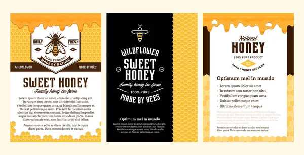 Projeto de anúncios de mel com favos de mel, pingando mel e abelhas —  Vetores de Stock