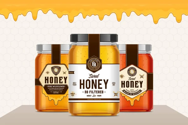 Honung glas burkar med etiketter — Stock vektor