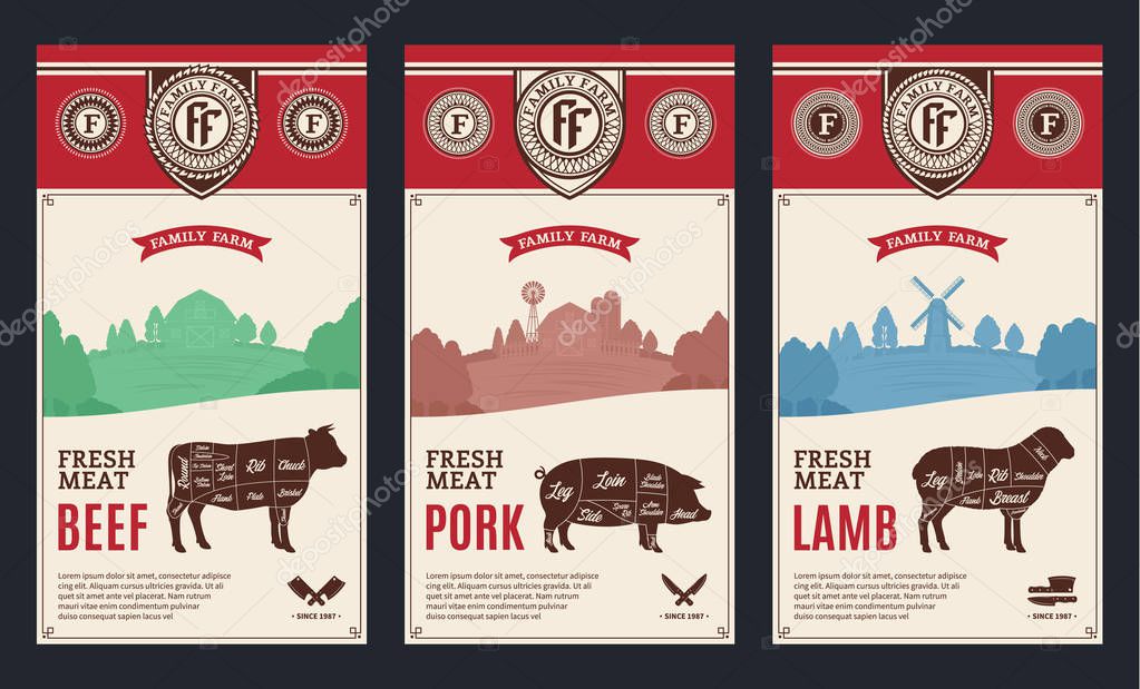 Vector butcher's shop modern style labels. American (US) cuts of beef, pork and lamb diagrams.