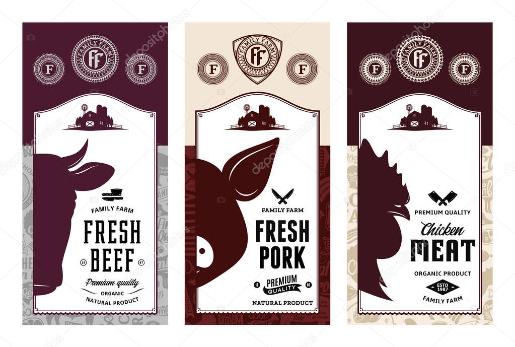 Vector butchery logo. Fresh beef, pork, chicken modern style labels. Farm animals icons. Butcher shop pattern and design elements.