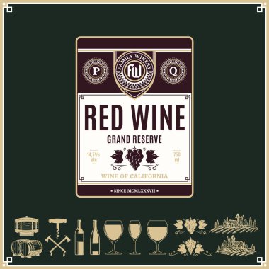 Kırmızı şarap vintage etiket ve simgeler