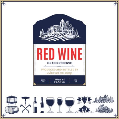 Kırmızı şarap vintage etiket ve simgeler