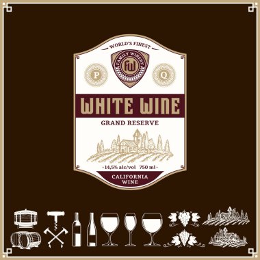Beyaz şarap vintage etiketi ve simgeleri