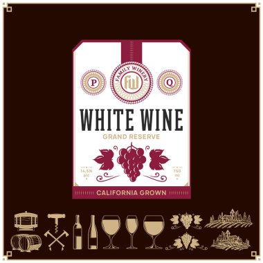 Beyaz şarap vintage etiketi ve simgeleri