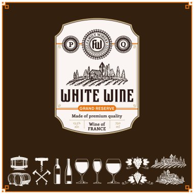 Beyaz şarap vintage etiketi ve simgeleri