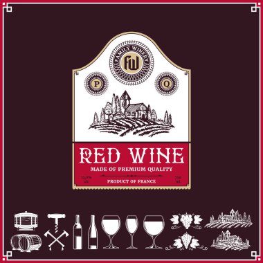 Kırmızı şarap vintage etiket ve simgeler