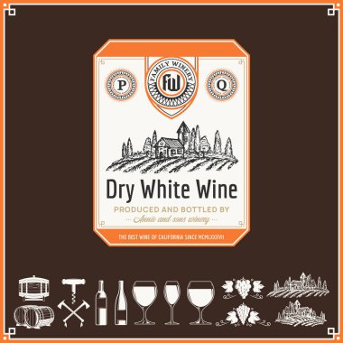 Beyaz şarap vintage etiketi ve simgeleri