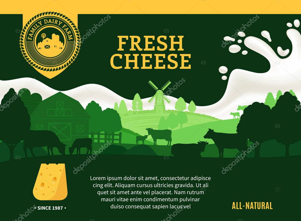 Vector cheese illustration with rural landscape, cows and calves for groceries, agriculture stores, packaging and advertising. Realistic milk splash. Dairy farm or farming design elements.