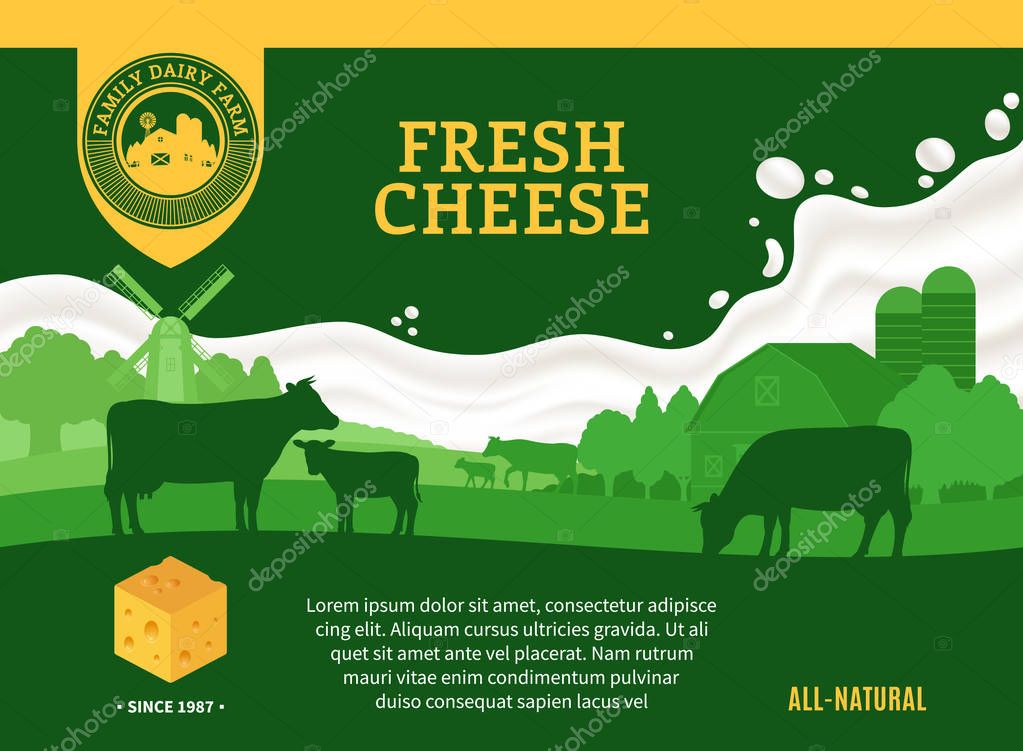 Cheese illustration with cows, calves, farm and milk splash