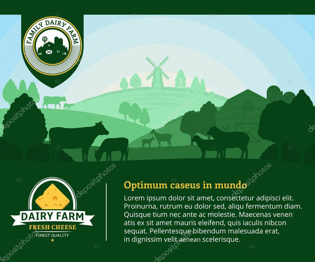 Modern style cheese logo. Dairy farm or farming design elements. Vector cheese illustration with rural landscape, cows, sheep, goat for groceries, agriculture stores, packaging and advertising.