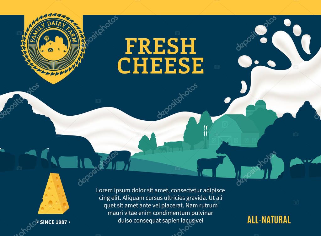 Cheese illustration with cows, calves, farm and milk splash