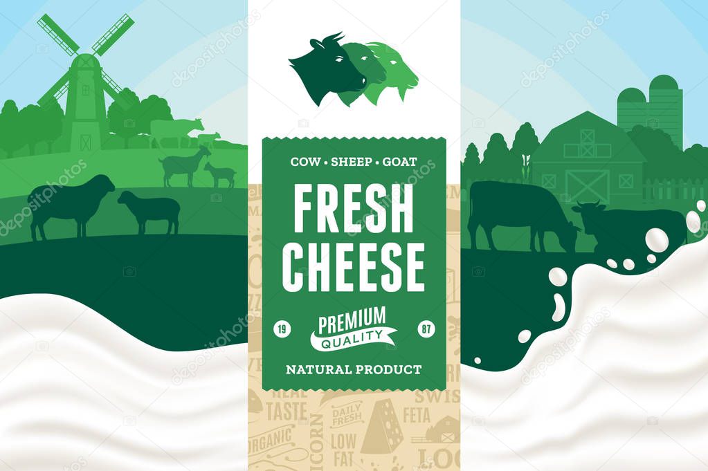 Vector cheese illustration with rural landscape, cow, sheep and goat for groceries, agriculture stores, packaging and advertising. Modern style cheese label. Realistic milk splash. Dairy farm or farming design elements.