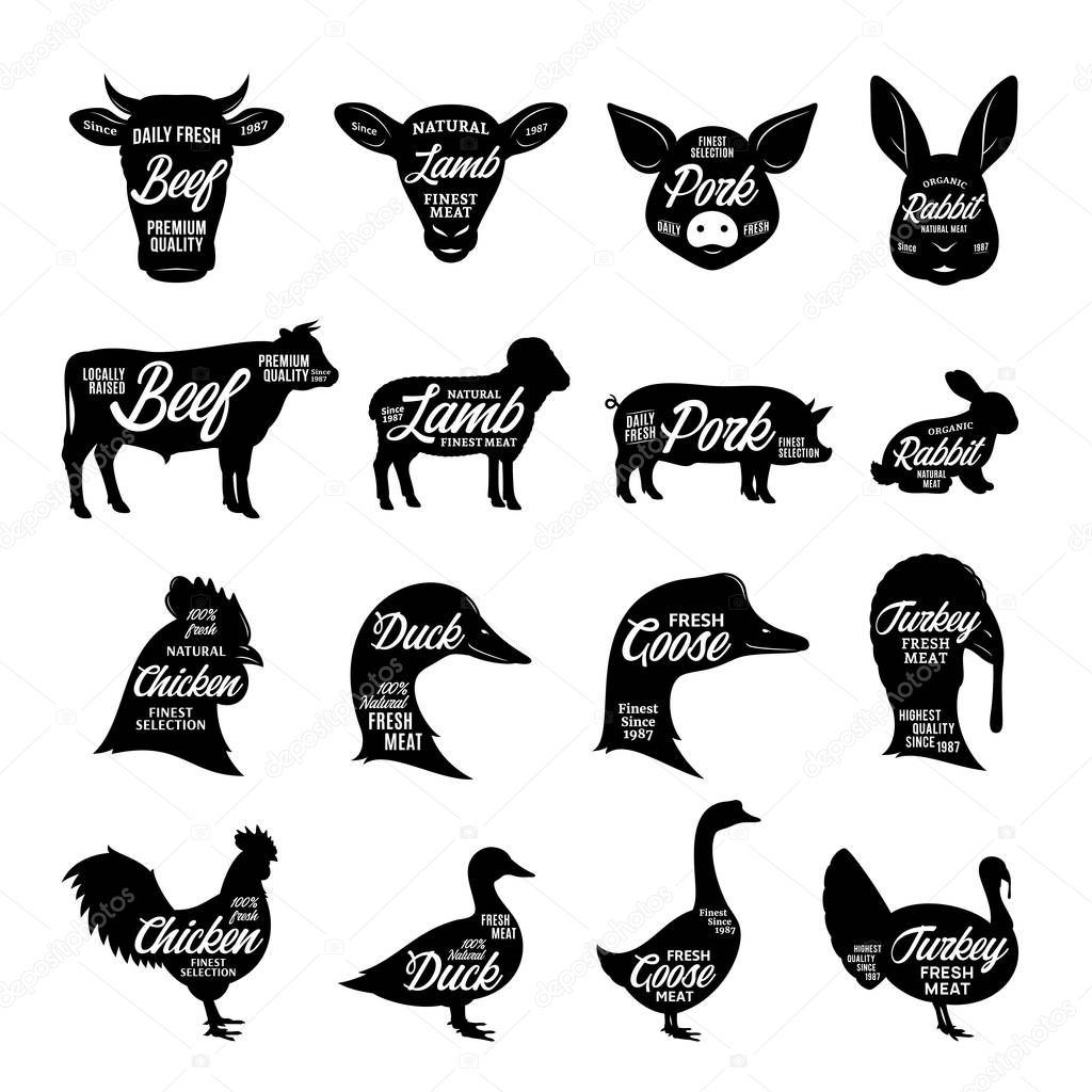 Set of vector butcher shop logo. Farm animal silhouettes and faces collection for groceries, meat stores, butcheries, packaging and advertising.