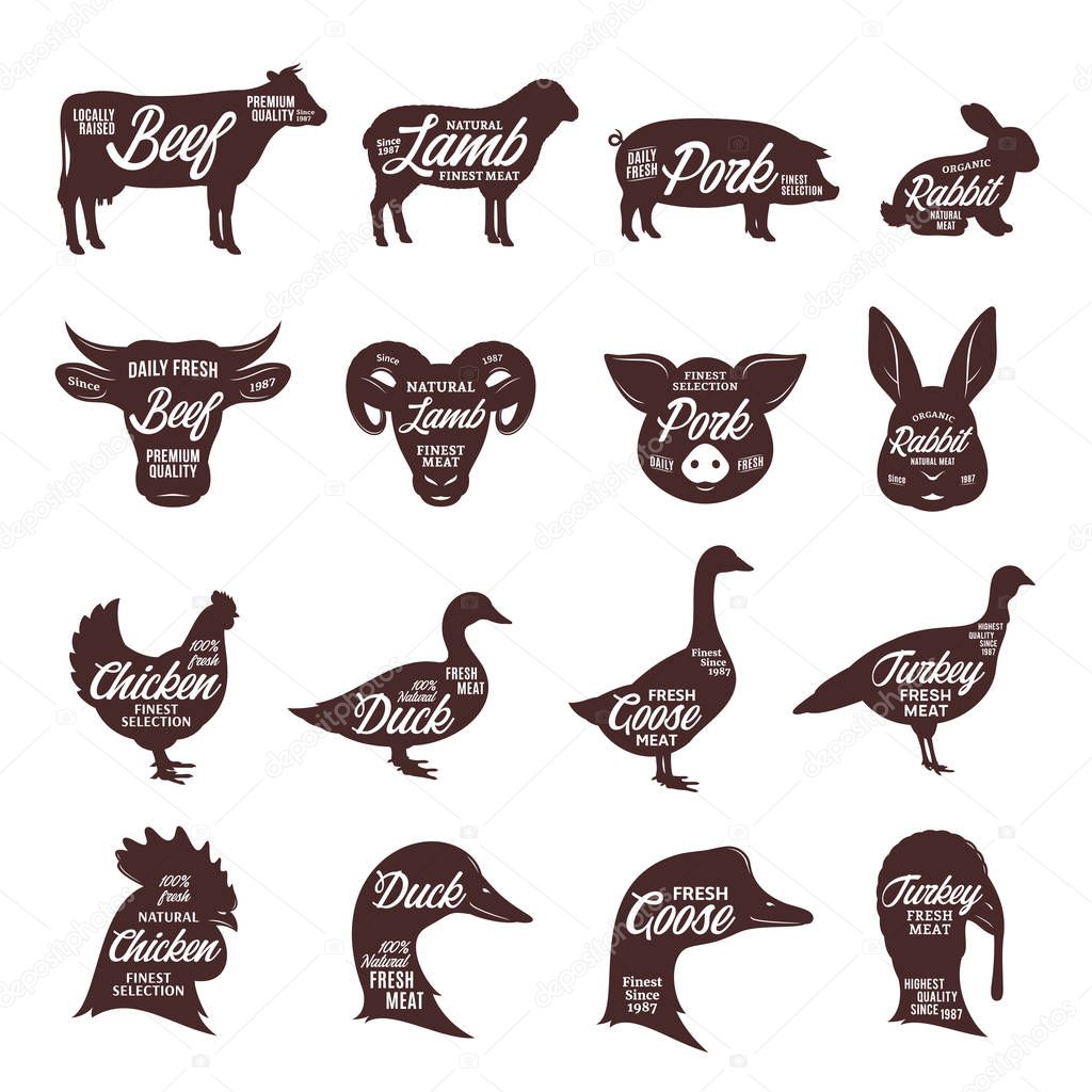 Farm animals silhouettes collection. Butcher shop labels