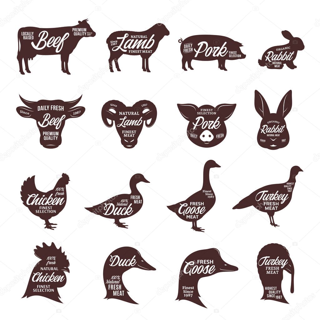 Set of vector butcher shop logo. Farm animal silhouettes and faces collection for groceries, meat stores, butcheries, packaging and advertising.