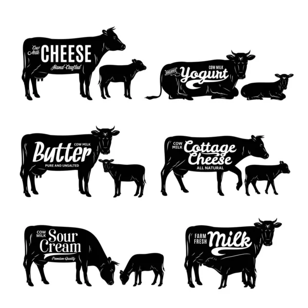 Logotipo do produto lácteos. Sílhuetas de vacas e vitelos —  Vetores de Stock