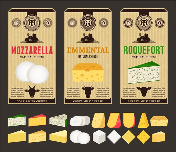 矢量复古奶酪标签和不同类型的奶酪德泰 — 图库矢量图片