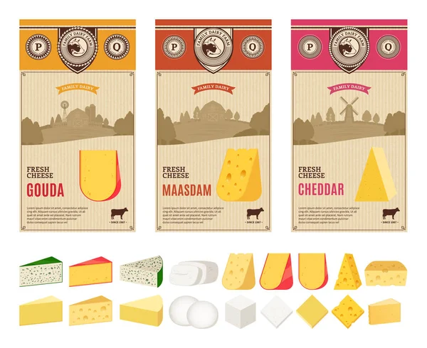 矢量复古奶酪标签与农业景观和差异 — 图库矢量图片