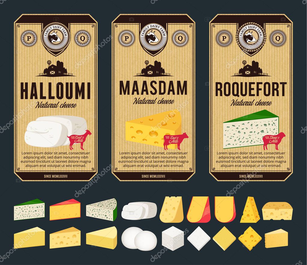 Vector cheese vintage labels and packaging design templates. Different types of cheese detailed icons. Dairy products illustration for dairies, farms and groceries branding. Cow, sheep and goat silhouettes.
