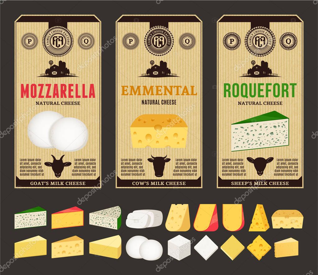 Vector cheese vintage labels and packaging design templates. Different types of cheese detailed icons. Dairy products illustration for dairies, farms and groceries branding. Cow, sheep and goat icons.