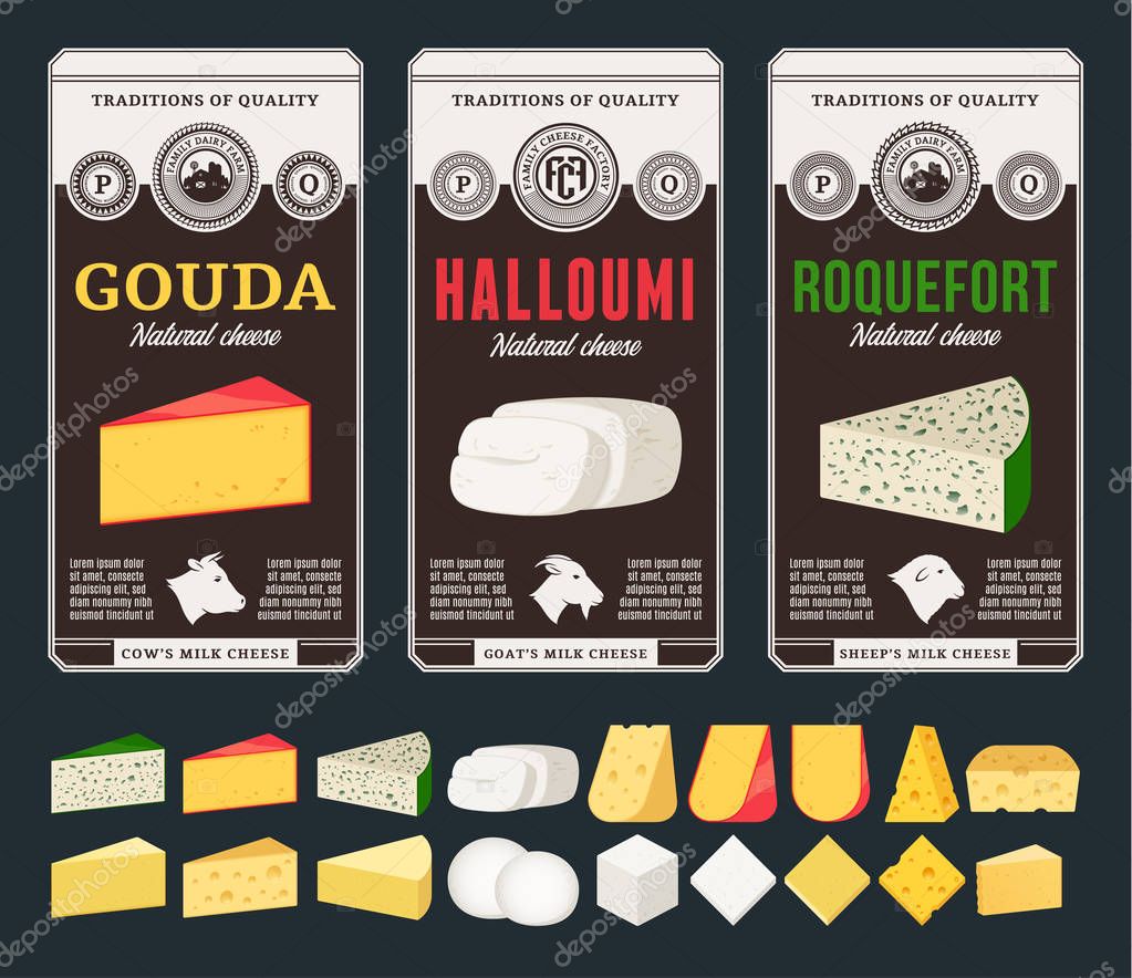 Vector cheese labels and packaging design templates. Different types of cheese detailed icons. Dairy products illustration for dairies, farms and groceries branding. Cow, sheep and goat icons.