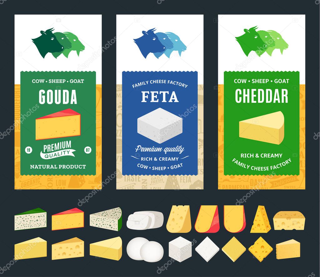 Vector cheese labels and packaging design templates. Different types of cheese detailed icons. Dairy products illustration for dairies, farms and groceries branding. Cow, sheep and goat icons.