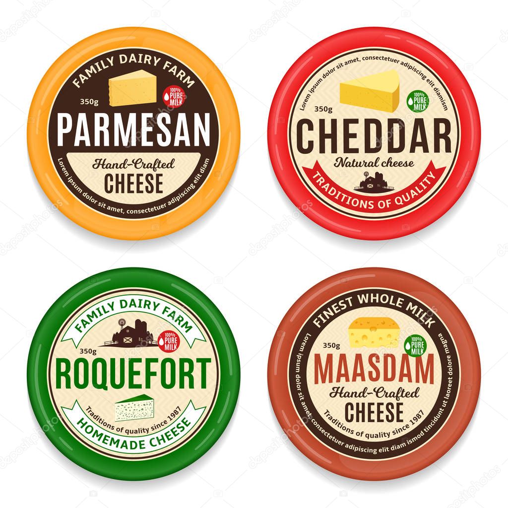 Vector cheese round labels and packaging design templates. Different types of cheese detailed icons. Dairy products illustration for dairies, package and groceries branding. Cow, sheep and goat icons.