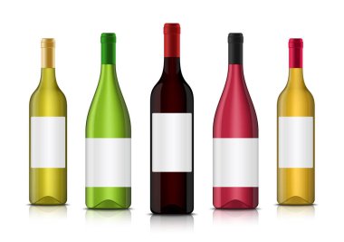 Temiz etiketler ile Vektör gerçekçi 3d şarap şişesi mockups