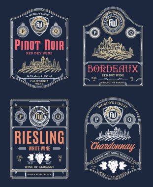 Vektör vintage ince çizgi tarzı kırmızı ve beyaz şarap etiketleri
