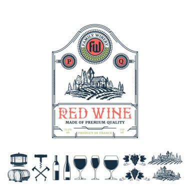 Vektör vintage ince çizgi tarzı kırmızı şarap etiketi