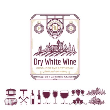 Vektör vintage ince çizgi tarzı kırmızı şarap etiketi