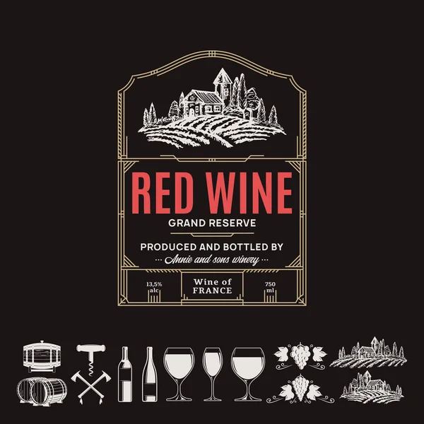 Vektör vintage ince çizgi tarzı kırmızı şarap etiketi