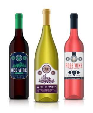 Vektör vintage kırmızı, beyaz ve gül şarap etiketleri ve şarap şişesi m