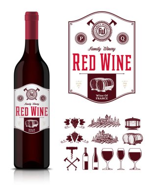 Vektör vintage kırmızı şarap etiketi ve şarap şişesi mocku