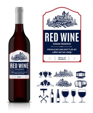 Vektör vintage kırmızı şarap etiketi ve şarap şişesi mocku