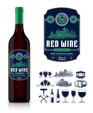 Vektör vintage kırmızı şarap etiketi ve şarap şişesi mocku