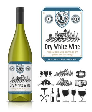 Vektör vintage beyaz şarap etiket ve şarap şişesi mockup