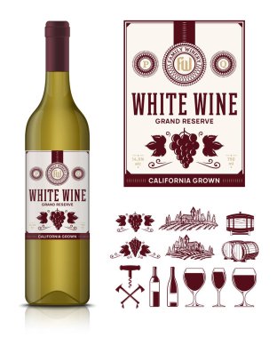 Vektör vintage beyaz şarap etiket ve şarap şişesi mockup