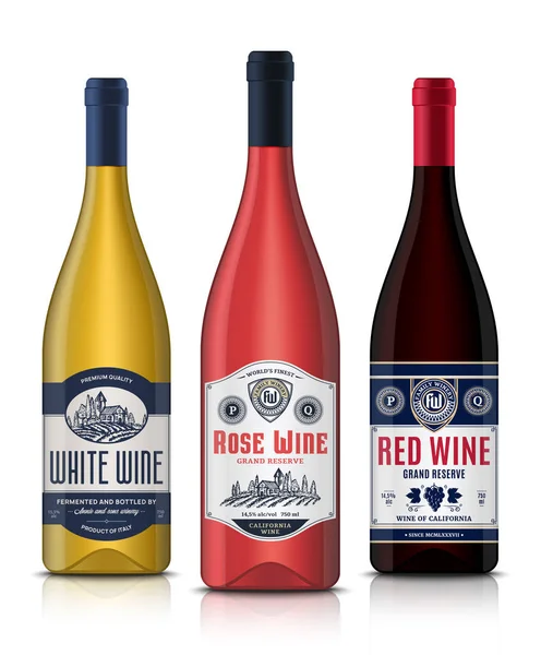 Vektör vintage kırmızı, beyaz ve gül şarap etiketleri ve şarap şişesi m