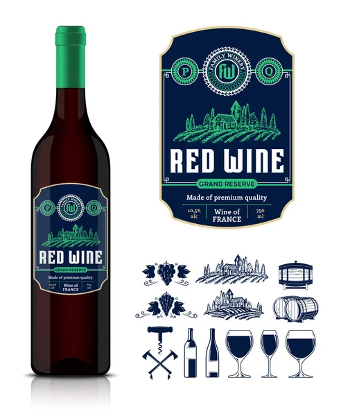 Vektör vintage kırmızı şarap etiketi ve şarap şişesi mocku
