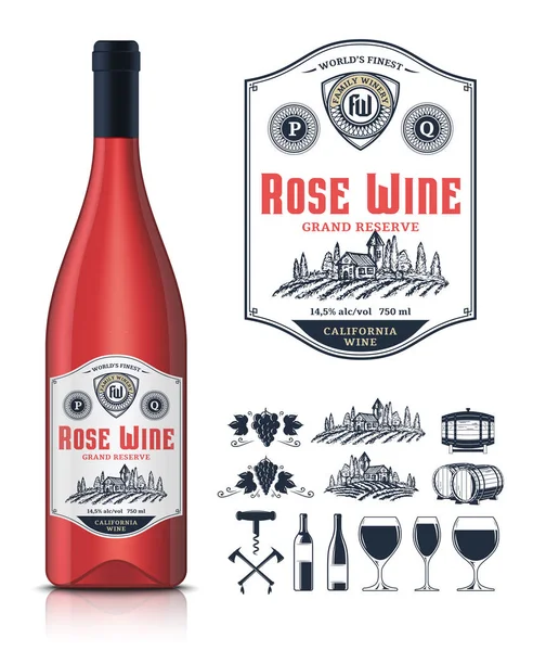 Vektör vintage gül şarap etiket ve şarap şişesi mockup