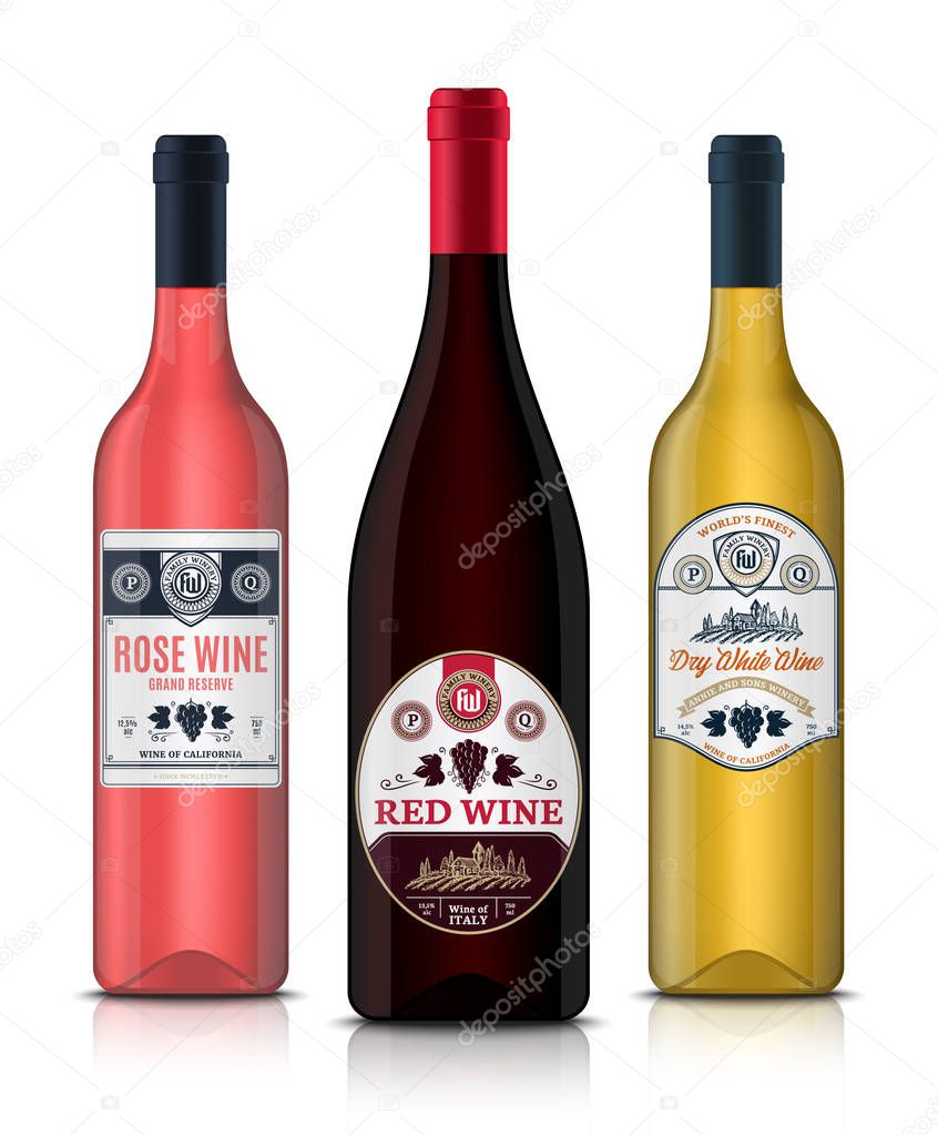 Vector vintage red, white and rose wine labels and wine bottle m