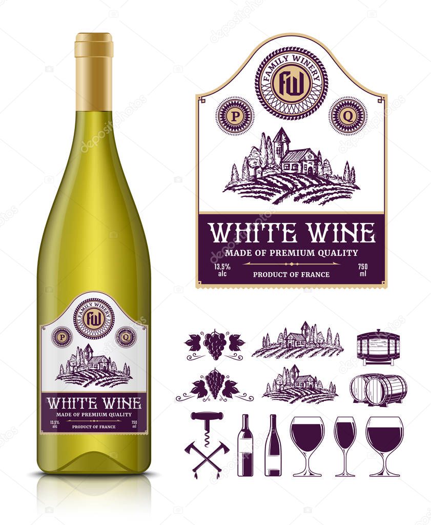 Vector vintage white wine label and wine bottle mockup