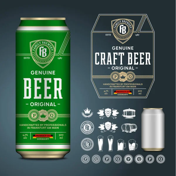 Etiqueta de cerveza vectorial. El aluminio puede maquillarse. Iconos e insignias de cerveza — Archivo Imágenes Vectoriales