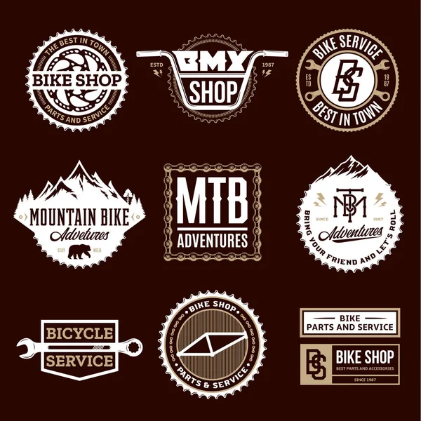 Vektör bisiklet dükkanı seti, bisiklet servisi, dağ bisikletleri logosu. — Stok Vektör