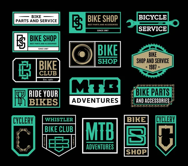 Conjunto de loja de bicicletas vetoriais, serviço de bicicletas, clubes de mountain bike —  Vetores de Stock