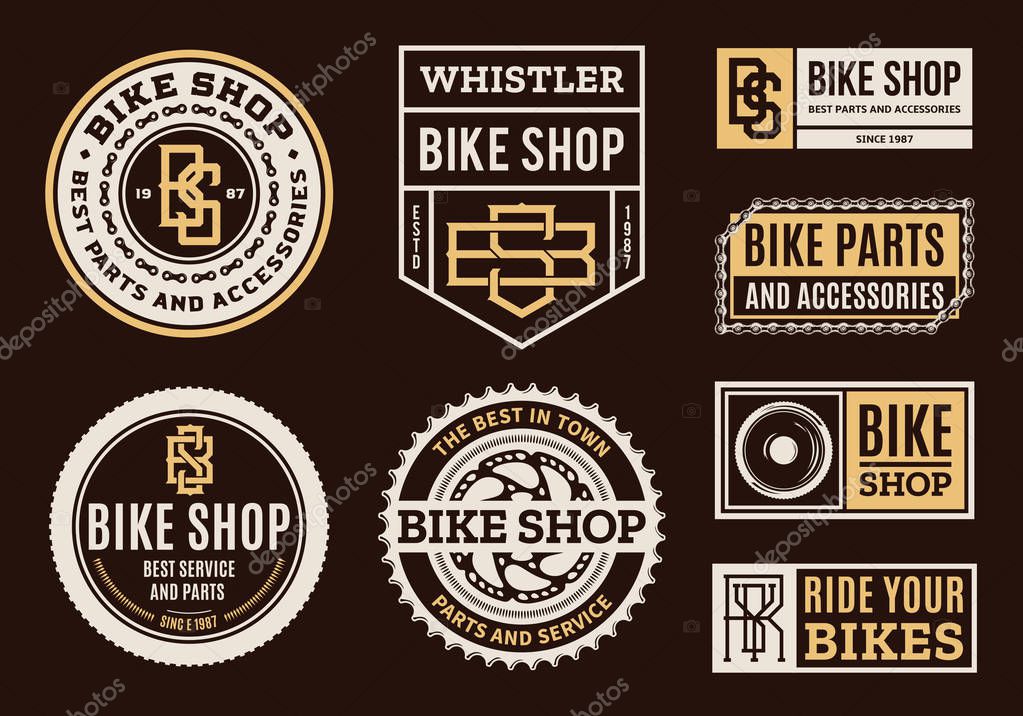 Set of vector bike shop, bicycle part and service logo, badges and icons isolated on a brown background