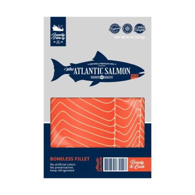 Vektör Atlantik somon ambalaj tasarımı. Modern stil deniz ürünleri etiketi şablonu. Beyaz arka planda pakette çiğ somon filetosu.