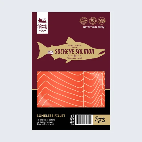 Vector Selvagem Alaskan Sockeye Design Embalagem Salmão Ilustração Frutos Mar — Vetor de Stock